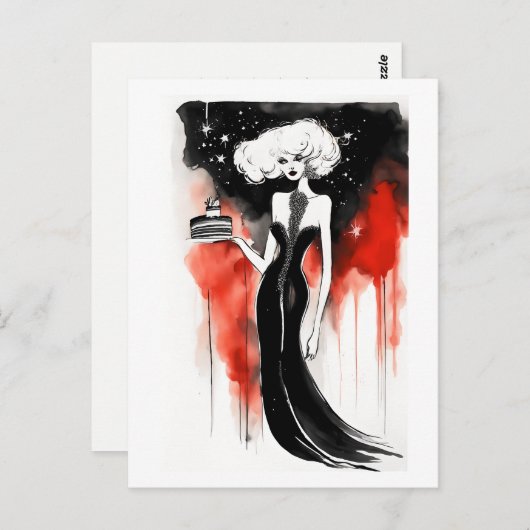 ファッションお祝い。ケーキを持った美しい女性 ポストカード (正面/裏面)