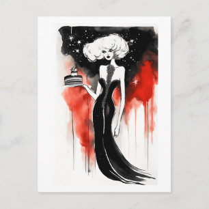 ファッションお祝い。ケーキを持った美しい女性 ポストカード