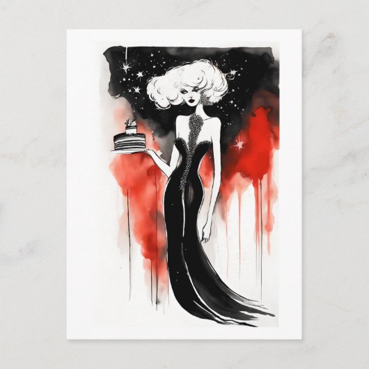ファッションお祝い。ケーキを持った美しい女性 ポストカード (正面)