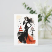 ファッションのお祝い。ケーキを持つ美しい女性 ポストカード (スタンド正面)