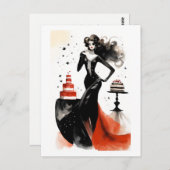 ファッションのお祝い。ケーキを持つ美しい女性 ポストカード (正面/裏面)