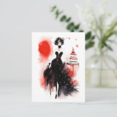 ファッションのお祝い。ケーキを持つ美しい女性 ポストカード (スタンド正面)