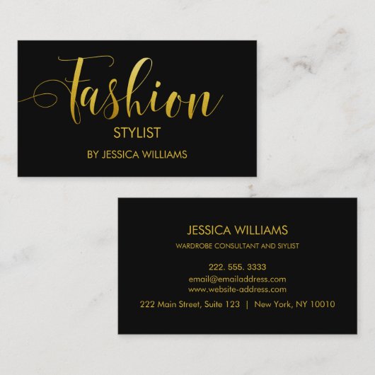 ファッションのスタイリストの金ゴールドの原稿のエレガントな黒 名刺 (正面/裏面)