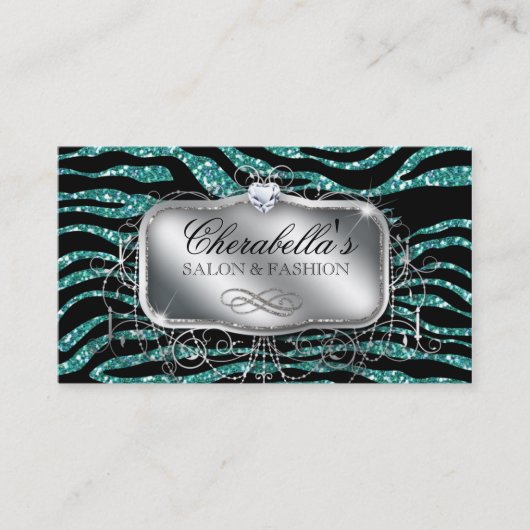 ファッションのネイルサロンのエレガントなシマウマのグリッターのティール（緑がかった色） 名刺 (正面)
