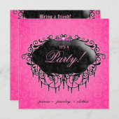 ファッションのパーティーのエレガントなダマスク織のピンクの黒 招待状 (正面/裏面)