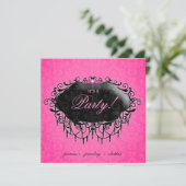 ファッションのパーティーのエレガントなダマスク織のピンクの黒 招待状 (スタンド正面)