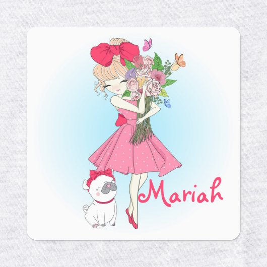 ファッションの女の子とPug ラベル (デザイン1)