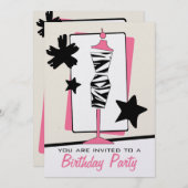 ファッションの誕生会-シマウマのプリントの服の型枠 招待状 (正面/裏面)