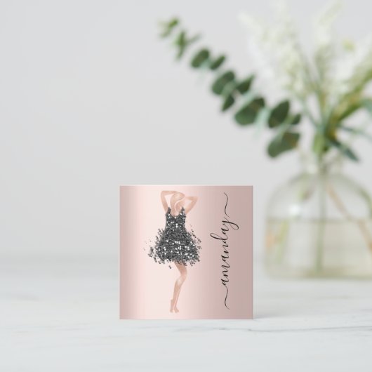 ファッションイベントショップバラブラックドレスQRコード スクエア名刺 (スタンド正面)