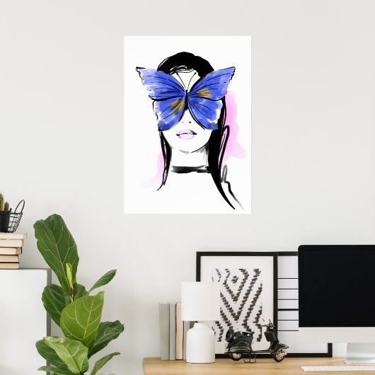 ファッションイラストレーションの女性と蝶 ポスター (ホームオフィス)