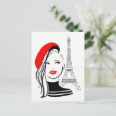 ファッションイラストレーションフランスのの赤いベレットの女性 ポストカード (スタンド正面)