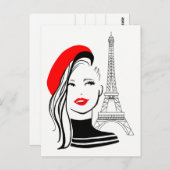 ファッションイラストレーションフランスのの赤いベレットの女性 ポストカード (正面/裏面)