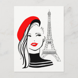 ファッションイラストレーションフランスのの赤いベレットの女性 ポストカード