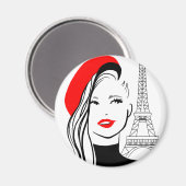 ファッションイラストレーションフランスのの赤いベレットの女性 マグネット (正面/裏面)