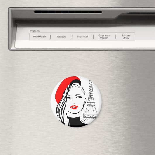 ファッションイラストレーションフランスのの赤いベレットの女性 マグネット (インサイチュ (食洗機))