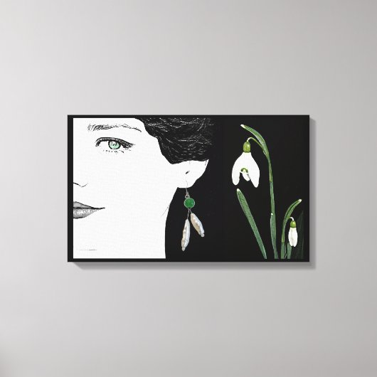 ファッションイラストレーション女の子の真珠のイヤリングフローラ キャンバスプリント (正面)