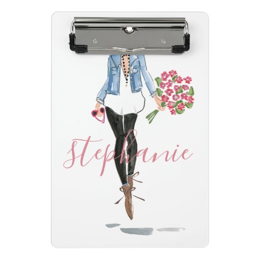 ファッションイラストレーション花付き女性 ミニクリップボード (正面)
