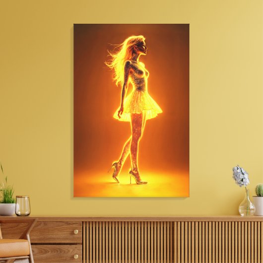 ファッションエレガンスのゴールデン白熱［赤熱］光を放つネオンガール キャンバスプリント (インサイチュ (リビング))
