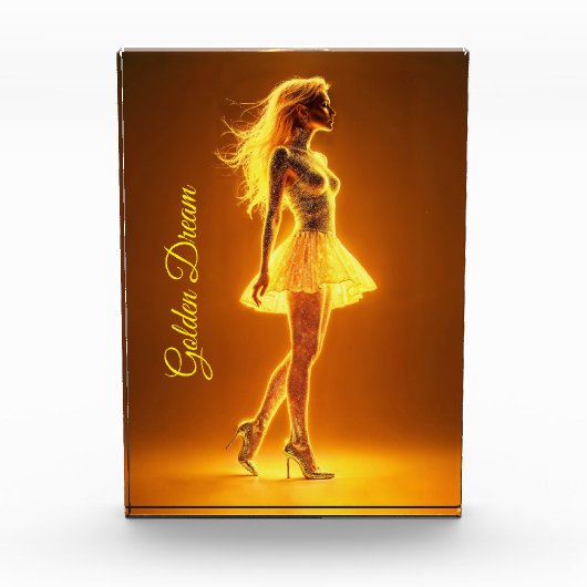 ファッションエレガンスのゴールデン白熱［赤熱］光を放つネオンガール フォトブロック (正面)