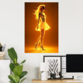 ファッションエレガンスのゴールデン白熱［赤熱］光を放つネオンガール ポスター (ホームオフィス)