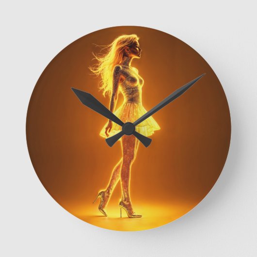 ファッションエレガンスのゴールデン白熱［赤熱］光を放つネオンガール ラウンド壁時計 (正面)