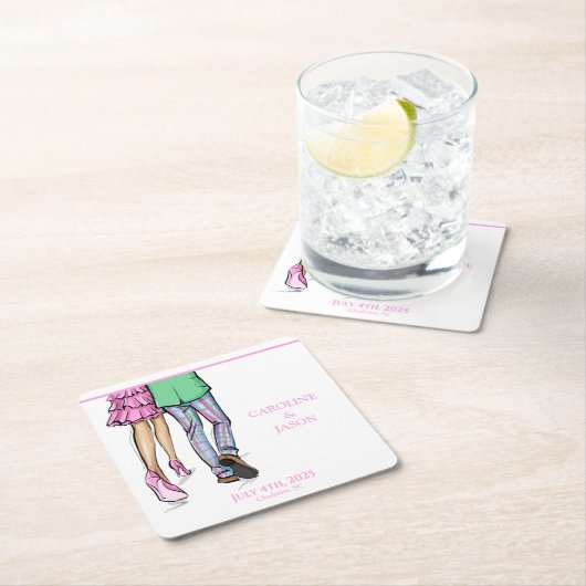 ファッションカップル赤ロブスターシャワ結婚ー スクエアペーパーコースター (インサイチュ)