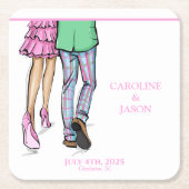 ファッションカップル赤ロブスターシャワ結婚ー スクエアペーパーコースター (正面)