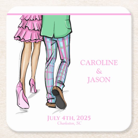 ファッションカップル赤ロブスターシャワ結婚ー スクエアペーパーコースター (正面)