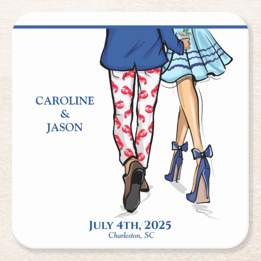 ファッションカップル赤ロブスターシャワ結婚ー スクエアペーパーコースター (正面)