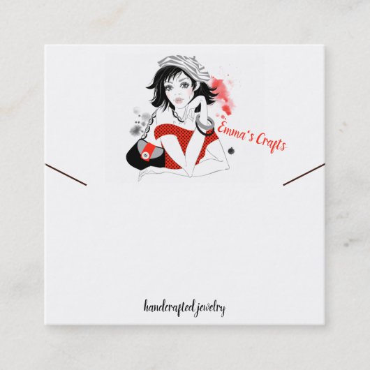 ファッションガールインレッドネックレスディスプレイ スクエア名刺 (正面)