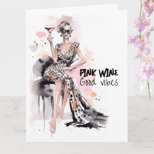 ファッションガールヒョウのドレスピンクのつる植物水色 カード (蘭)