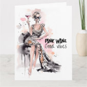 ファッションガールヒョウのドレスピンクのつる植物水色 カード (正面)