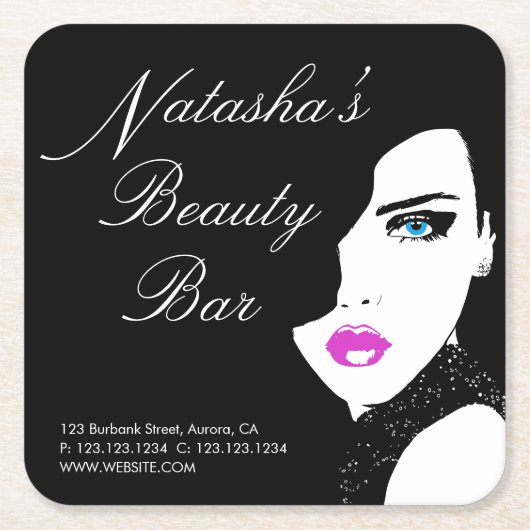 ファッションガールブラックピンク美しいバー スクエアペーパーコースター (正面)