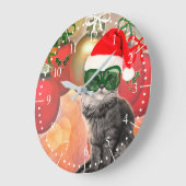 ファッションクリスマスキャットとサンタクロース帽子 ラージ壁時計 (傾斜)