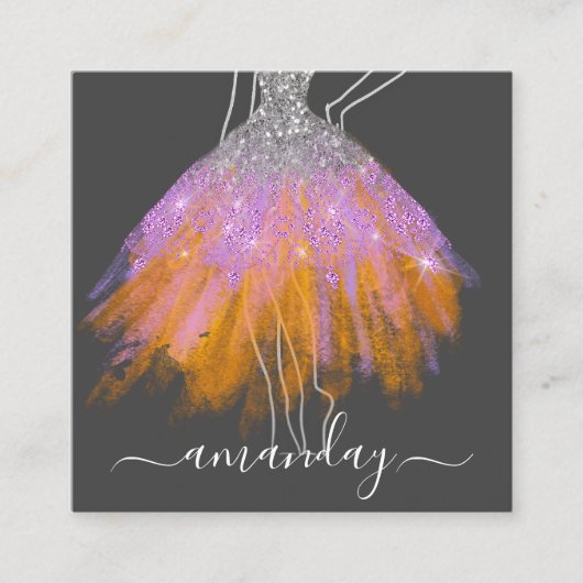 ファッショングレーグリッタードレスロゴQRスタイリストオレンジ スクエア名刺 (正面)