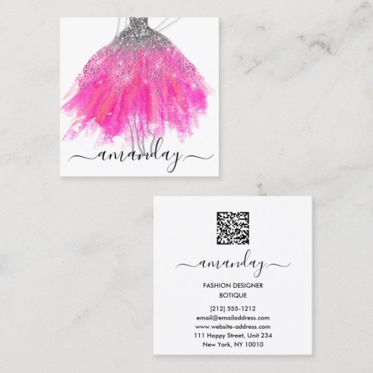 ファッショングレーグリッタードレスロゴQRスタイリストピンク スクエア名刺 (正面/裏面)