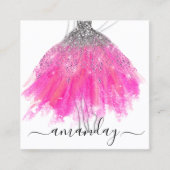 ファッショングレーグリッタードレスロゴQRスタイリストピンク スクエア名刺 (正面)