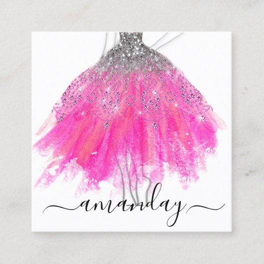 ファッショングレーグリッタードレスロゴQRスタイリストピンク スクエア名刺 (正面)