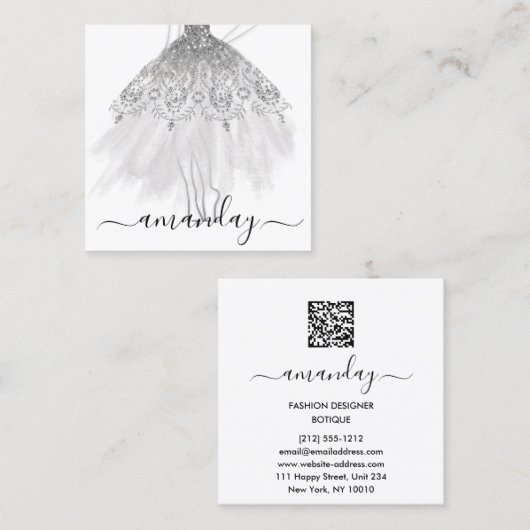 ファッショングレーグリッタードレスロゴQRスタイリストホワイト スクエア名刺 (正面/裏面)