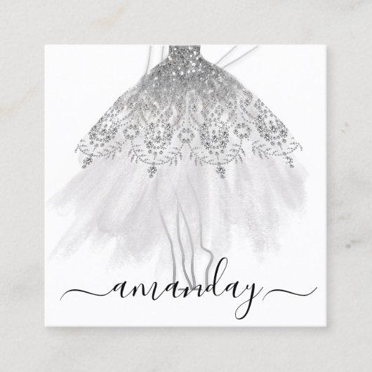 ファッショングレーグリッタードレスロゴQRスタイリストホワイト スクエア名刺 (正面)