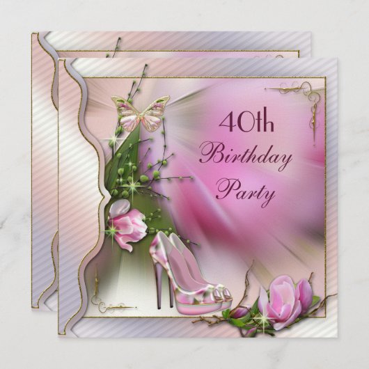 ファッションシューズマグノリアバタフライ40歳誕生日 招待状 (正面/裏面)