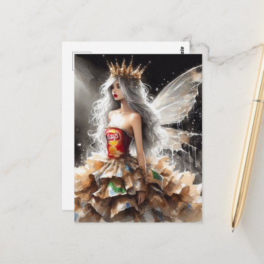 ファッションショーに登場する妖精のドレス – チップスでバッグ ポストカード (正面/裏面インサイチュ)