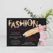 ファッションショーイベント アーティなタイポグラフィー ピンク ブラック 招待状 (スタンド正面)