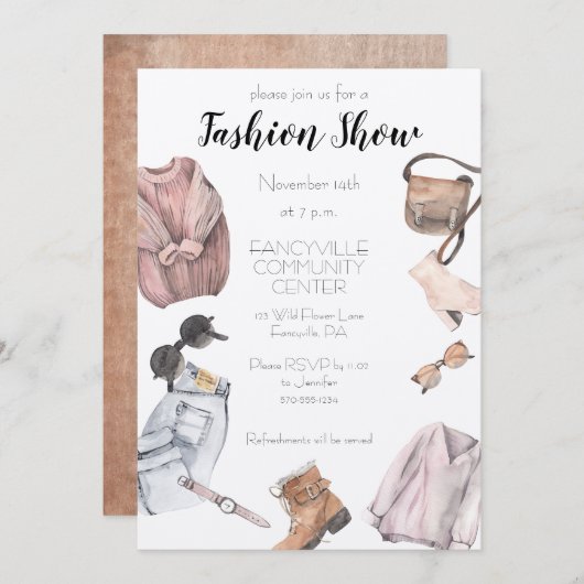 ファッションショー招待状 水彩画風 招待状 (正面/裏面)