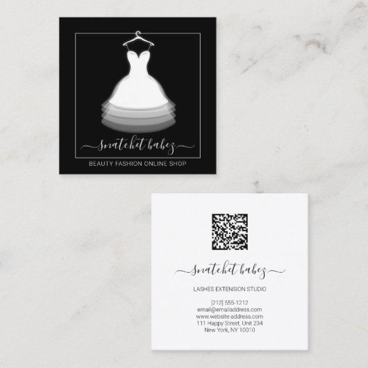 ファッションスタイリストイベントドレスQRコードロゴブラック スクエア名刺 (正面/裏面)