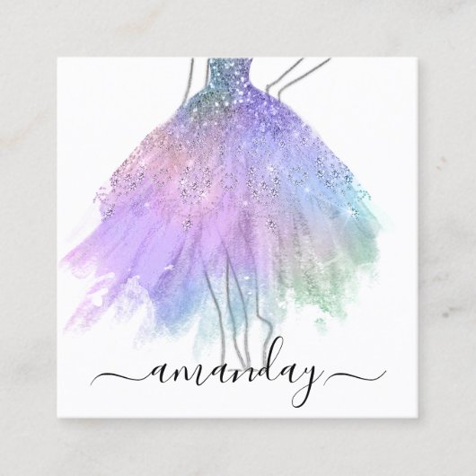 ファッションデザイナーグリッタードレスロゴQRシルバーピンク スクエア名刺 (正面)