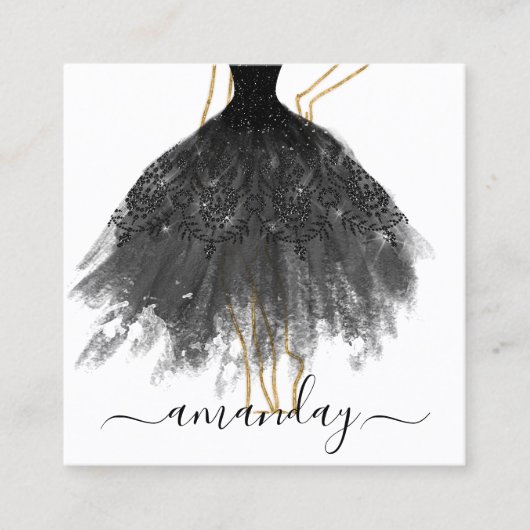 ファッションデザイナーグリッタードレスロゴQRブラック金ゴールド スクエア名刺 (正面)