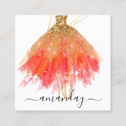 ファッションデザイナーグリッタードレスロゴQR赤金ゴールド スクエア名刺 (正面)