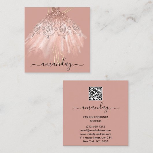 ファッションデザイナーグリッタードレスロゴQR金ゴールドバラ スクエア名刺 (正面/裏面)