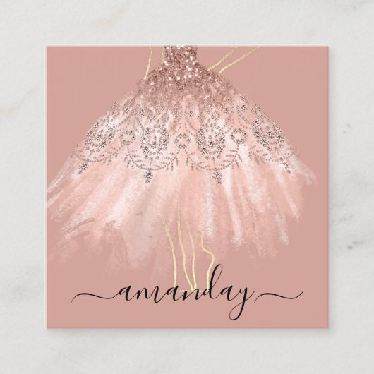 ファッションデザイナーグリッタードレスロゴQR金ゴールドバラ スクエア名刺 (正面)